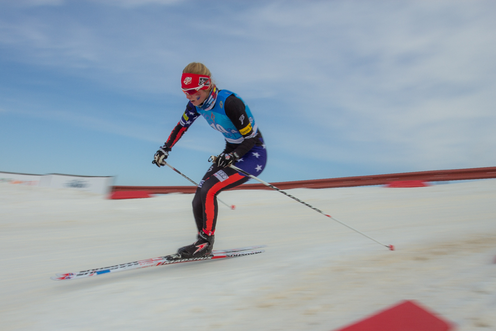 Hailey Swirbul (Aspen Vally SSC) races the anchor leg while guiding the American team to eighth place in the 4 x 3.3 k relay at the Junior World Championships in Almaty, Kazakhstan. Photo: Logan Hanneman.