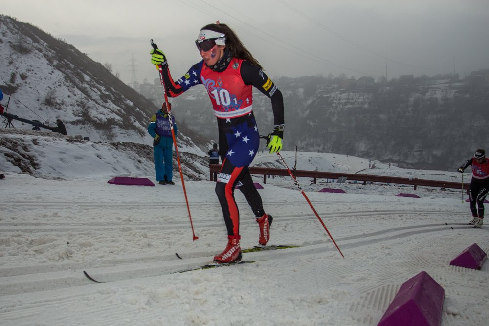 Julia Kern (CSU) races the first leg of the 4 x 3.3 k relay at the Junior World Championships in Almaty, Kazakhstan. The American women’s team would go on to place eighth. Photo: Logan Hanneman.